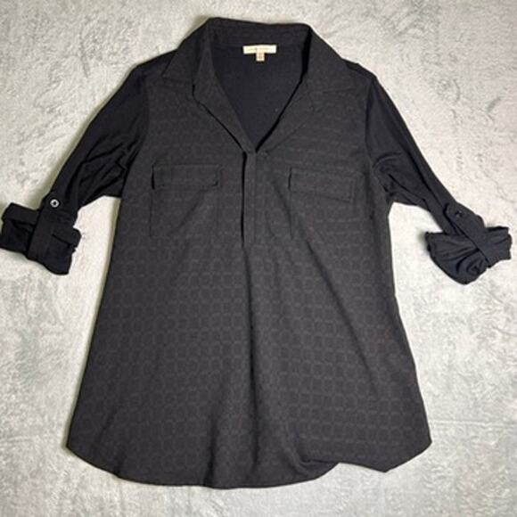 Skies Are Blue Collared Blouse Womens Medium Black Minimalist Business Casual - Picture 2 of 7